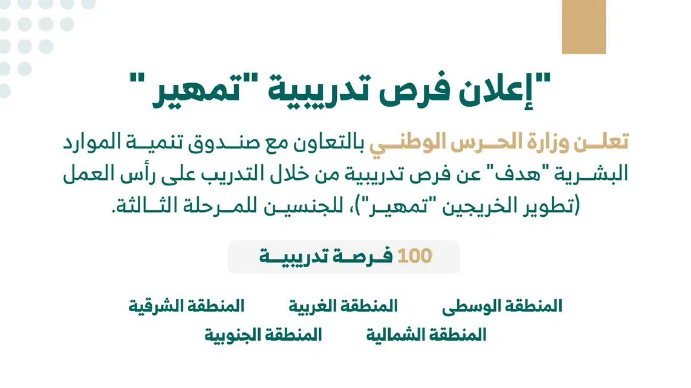 إعلان عن 100 فرصة وظيفية لحديثي التخرج في وزارة الحرس الوطني بعدة مناطق