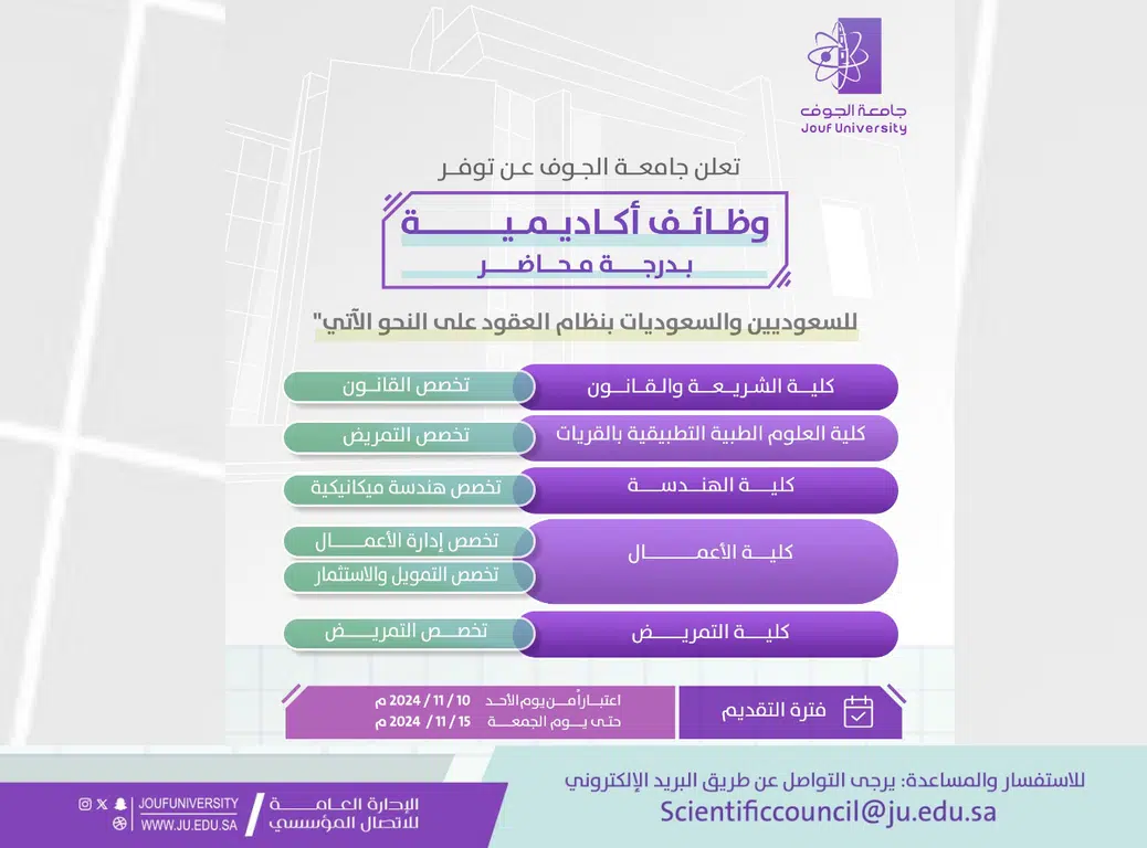 جامعة الجوف تعلن عن وظائف أكاديمية للسعوديين بنظام العقود لعام 2024- 2025
